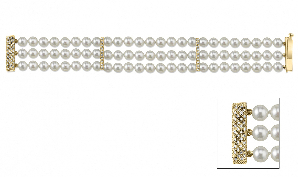Japanisches Akoya-Armband mit drei Perlen und Diamanten