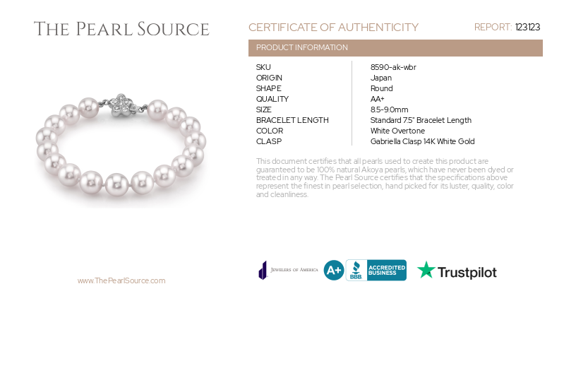 Armband aus 8,5–9,0 mm großen weißen Akoya-Perlen – mit Zertifikat