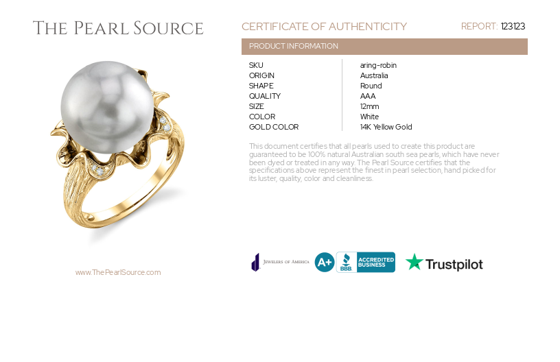 Südseeperlen- und Diamant-Robin-Ring – Zertifikat