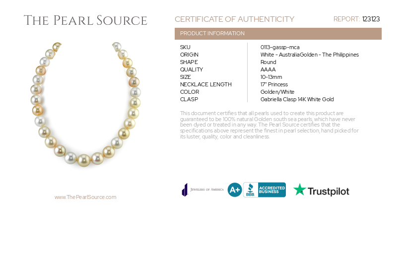 10–13 mm goldene und weiße Südsee-Mehrfarbenperlenkette – AAAA-Qualitätszertifikat