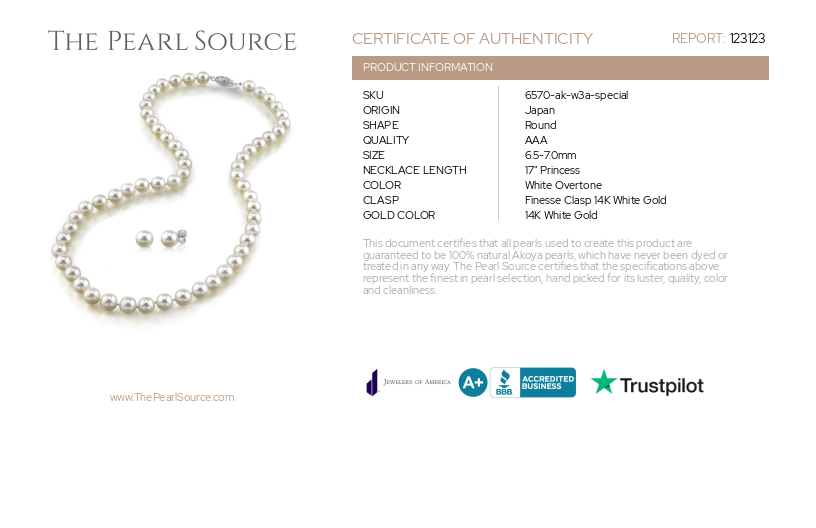 6.5-7.0mm Japanese Akoya Pearl Necklace & Earrings - AAA Quality-Certificate