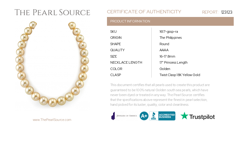 16–17,8 mm goldene Südseeperlenkette – AAAA-Qualitätszertifikat