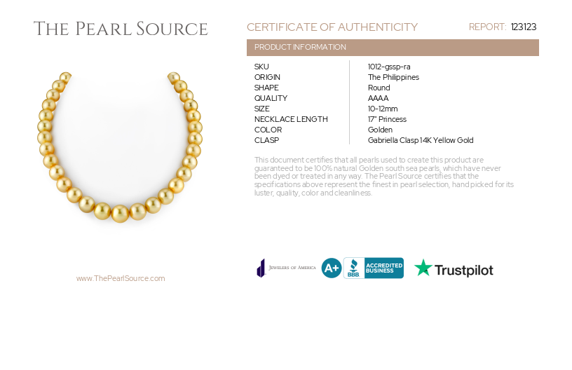 10–12 mm goldene Südseeperlenkette – AAAA-Qualitätszertifikat