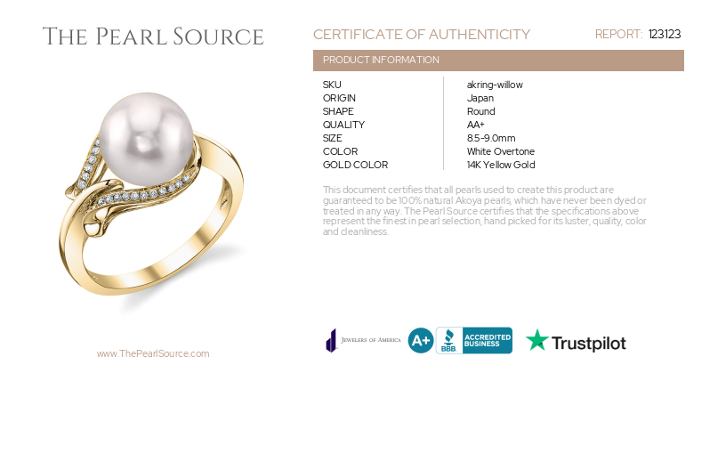 Akoya-Perlen- und Diamant-Weidenring – Zertifikat
