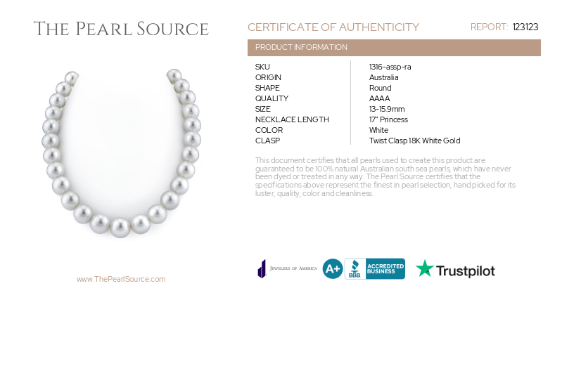 13–15,9 mm weiße Südseeperlenkette – AAAA-Qualitätszertifikat