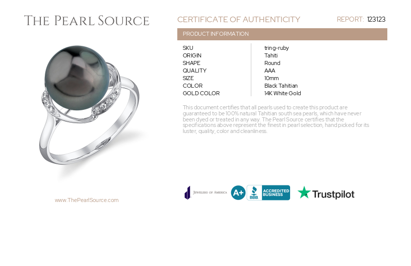 Tahiti-Südseeperle & Diamant-Rubin-Ring – Zertifikat