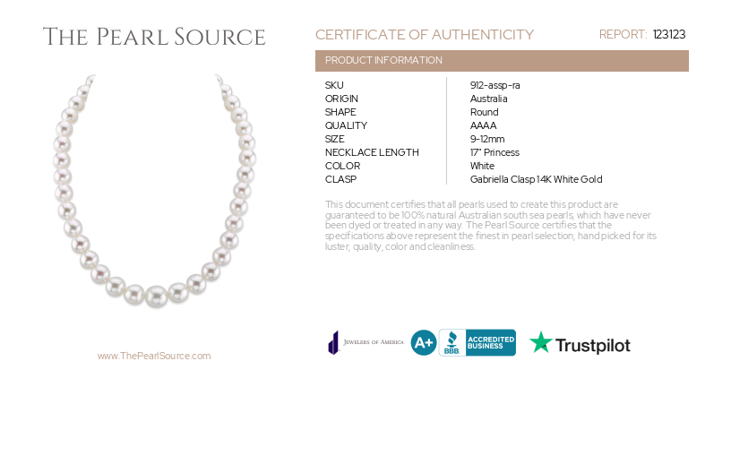 9-12mm White South Sea Pearl Necklace - AAAA Quality-Certificate