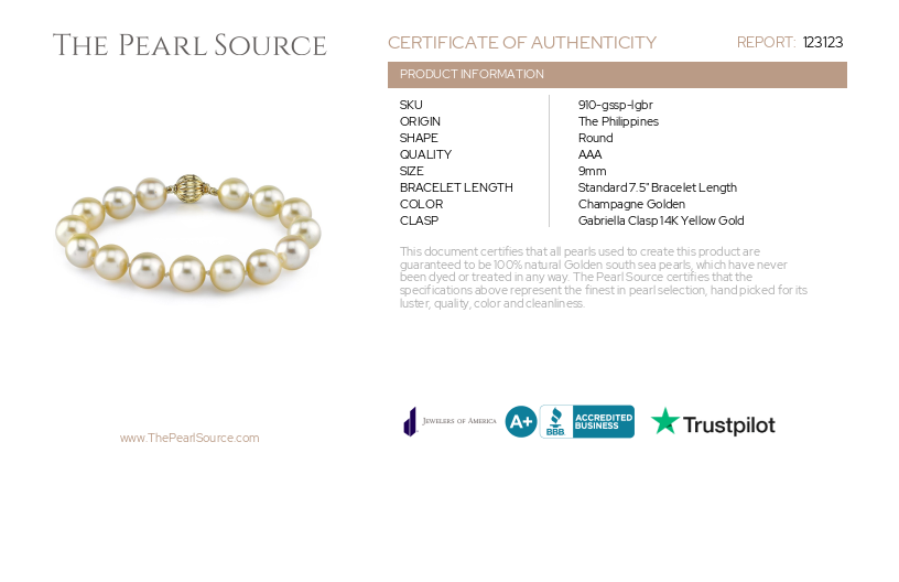 Armband aus 9–10 mm großen champagnerfarbenen Südseeperlen – mit Zertifikat