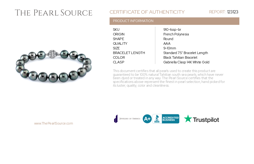 Armband aus 9–10 mm großen Tahiti-Südseeperlen – AAA-Qualitätszertifikat