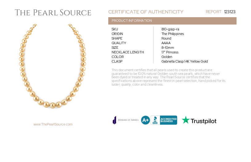 8–10 mm goldene Südseeperlenkette – AAAA-Qualitätszertifikat
