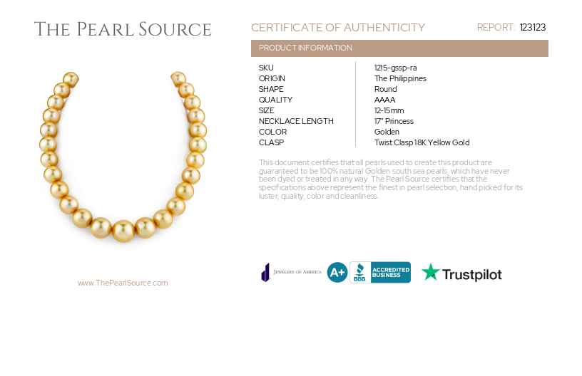 12–15 mm goldene Südseeperlenkette – AAAA-Qualitätszertifikat