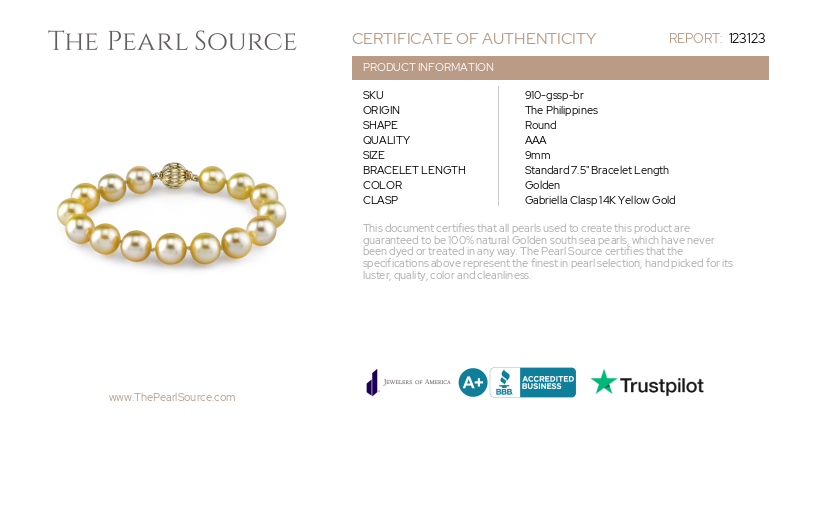 Armband aus 9–10 mm großen goldenen Südseeperlen – mit Zertifikat