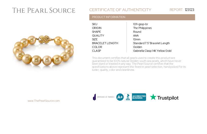 Armband aus 10–11 mm großen goldenen Südseeperlen – mit Zertifikat