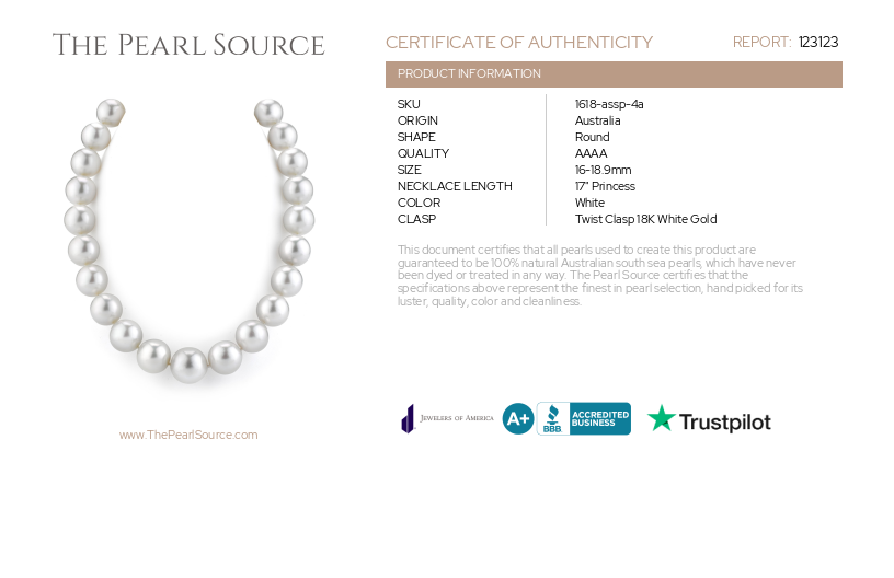 16-18.9mm White South Sea Pearl Necklace - AAAA Quality VENUS CERTIFIED-Certificate