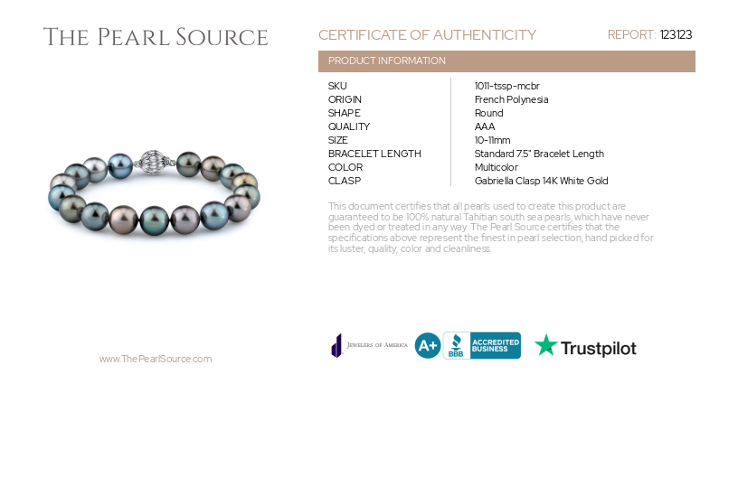 Armband aus 10–11 mm großen mehrfarbigen Tahiti-Südseeperlen – mit Zertifikat