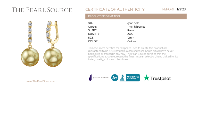 Goldene Südseeperlen- und Diamant-Ohrringe „Belle“ – Zertifikat