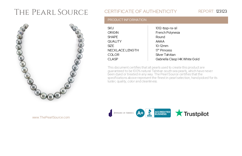 10-12mm Silver Tahitian South Sea Pearl Necklace - AAAA Quality-Certificate