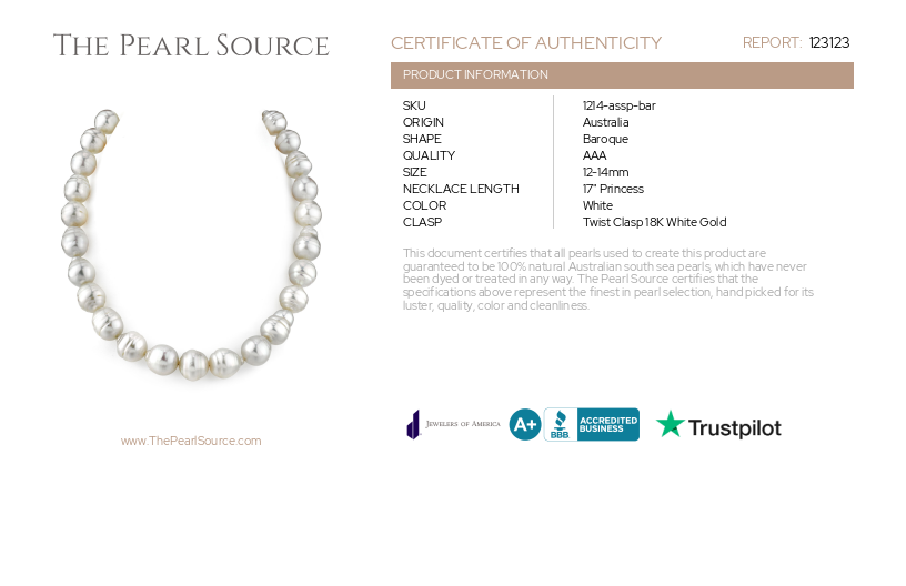 12-14mm White South Sea Baroque Pearl Necklace-Certificate