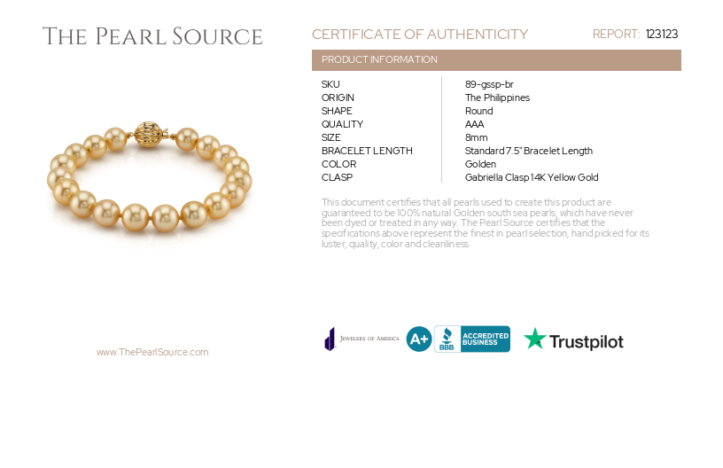 Armband aus 8–9 mm großen goldenen Südseeperlen – mit Zertifikat