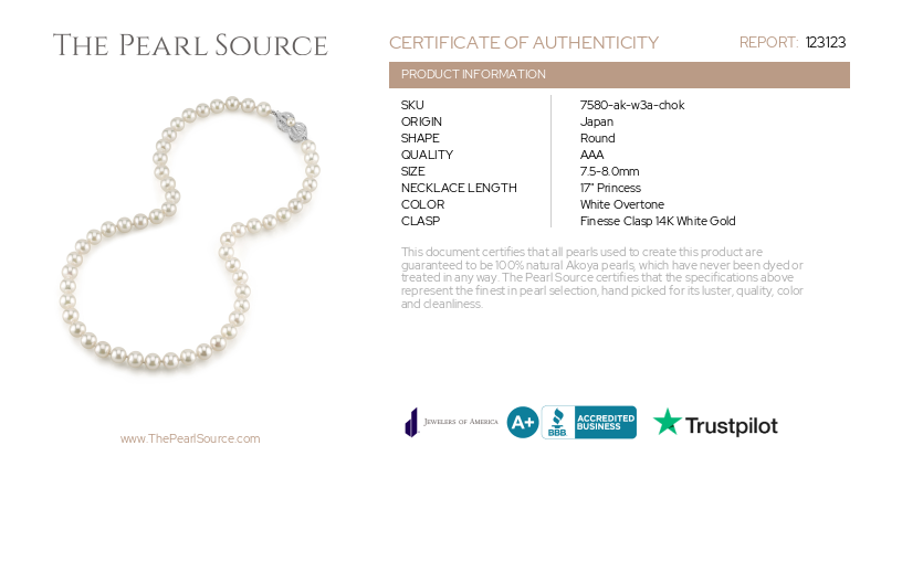7.5-8.0mm Japanese Akoya White Choker Length Pearl Necklace - AAA Quality-Certificate