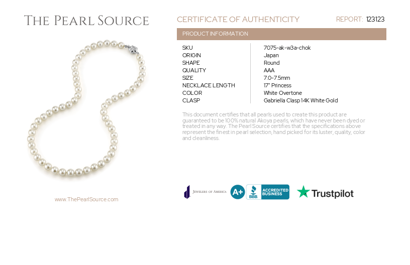 7.0-7.5mm Japanese Akoya White Choker Length Pearl Necklace - AAA Quality-Certificate
