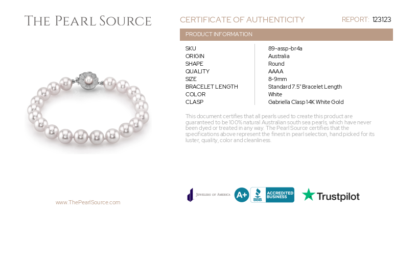 Armband aus weißen Südseeperlen, 8–9 mm – AAAA-Qualität – Zertifikat