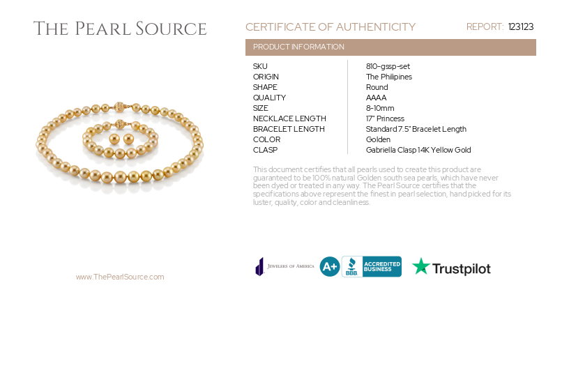 8-10mm Golden Round South Sea Pearl Set - AAAA Quality-Certificate