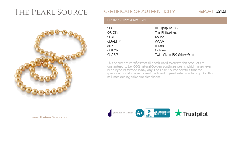 Opera Length 11-13mm Golden South Sea Pearl Necklace - AAAA Quality-Certificate