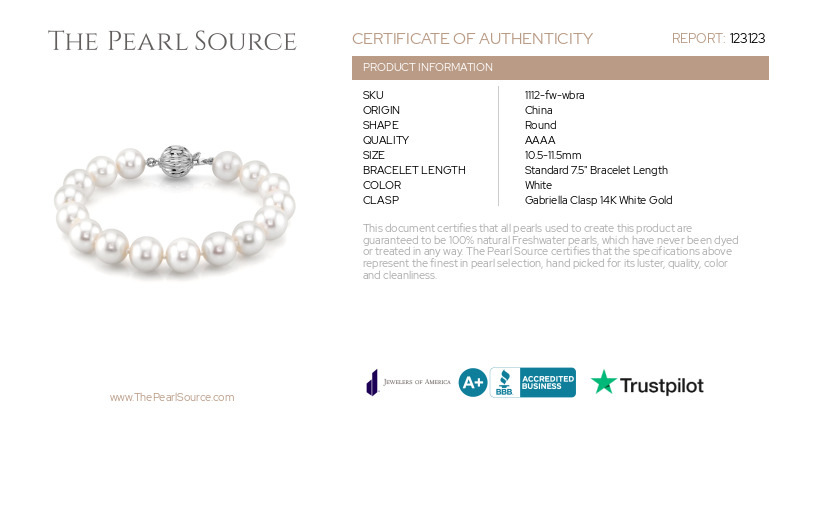 Armband aus weißen Süßwasserperlen, 10,5–11,5 mm – AAAA-Qualitätszertifikat