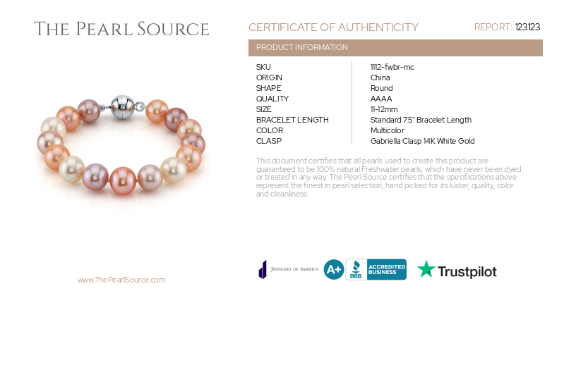 Armband aus mehrfarbigen Süßwasserperlen, 11–12 mm – AAAA-Qualitätszertifikat