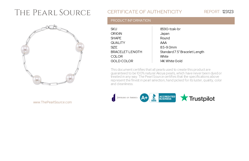 Armband aus 14-karätigem Gold mit japanischen Akoya-Perlen (8,5–9,0 mm) und Gliederkette – mit Zertifikat