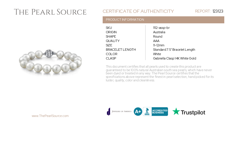 Armband aus weißen Südseeperlen, 11–12 mm – mit Zertifikat
