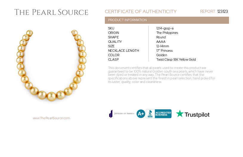 12–14 mm goldene Südseeperlenkette – AAAA-Qualitätszertifikat