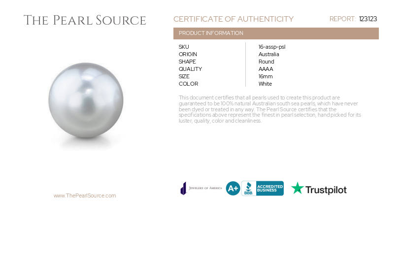 16mm White South Sea Loose Pearl - PSL Certified-Certificate