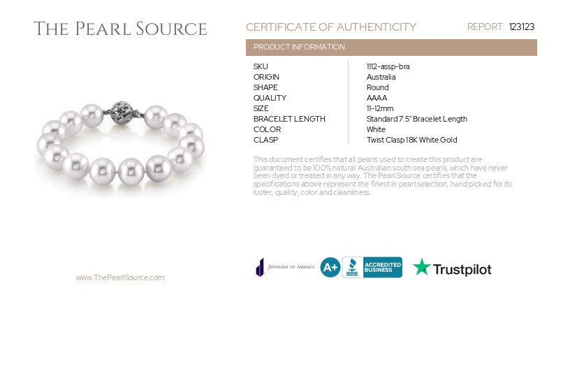 Armband aus weißen Südseeperlen, 11–12 mm – AAAA-Qualitätszertifikat