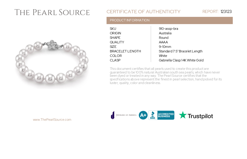 Armband aus weißen Südseeperlen, 9–10 mm – AAAA-Qualitätszertifikat