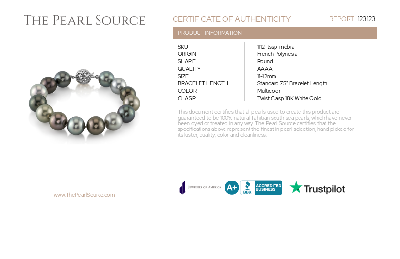 11-12mm Tahitian South Sea Multicolor Pearl Bracelet - AAAA Quality-Certificate