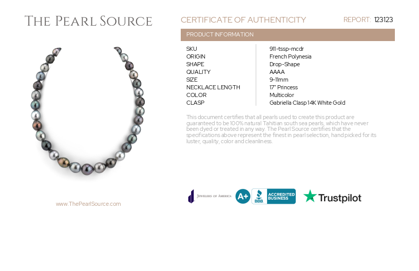 9-11mm Tahitian South Sea Multicolor Drop - Shape Pearl Necklace - AAAA Quality-Certificate