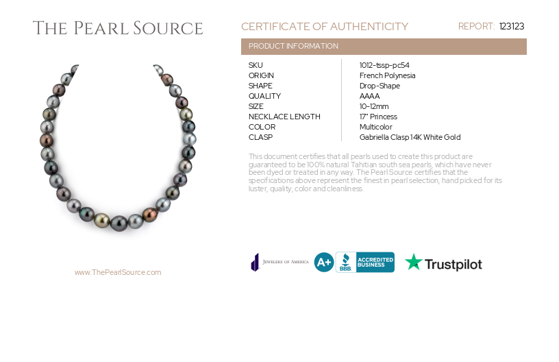10-12mm Tahitian South Sea Multicolor Drop - Shape Pearl Necklace - AAAA Quality-Certificate