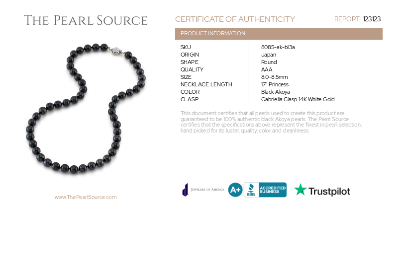 8.0-8.5mm Japanese Akoya Black Pearl Necklace - AAA Quality-Certificate