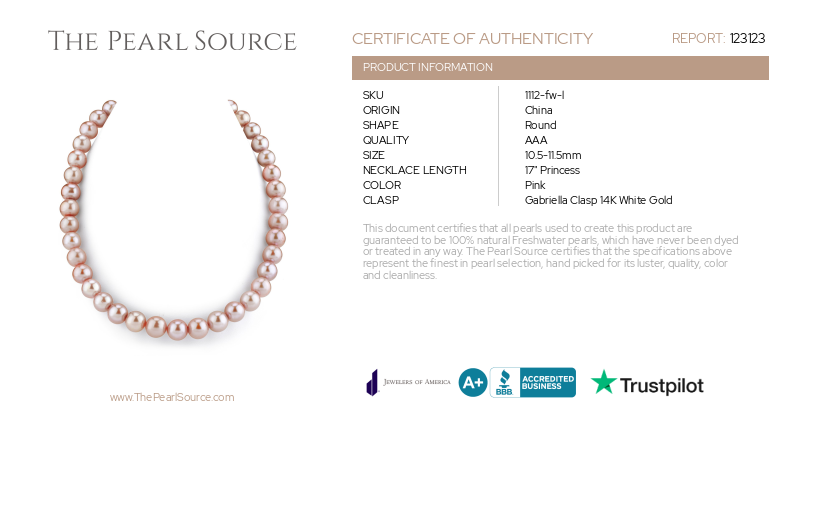 10,5–11,5 mm rosa Süßwasserperlenkette – AAA-Qualitätszertifikat