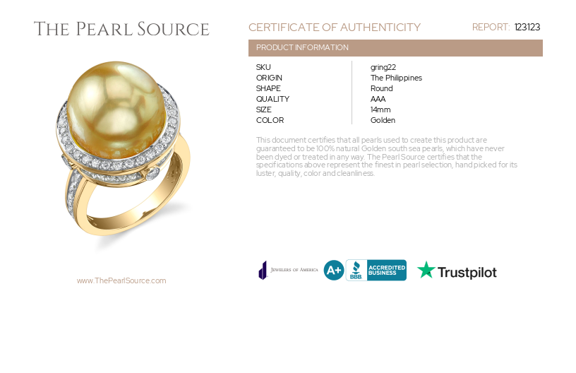 Golden Pearl & Diamond Bella Ring – Zertifikat