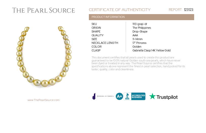 11-14mm Drop - Shape Golden South Sea Pearl Necklace - AAA Quality-Certificate