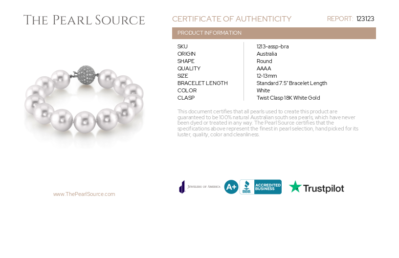 12-13mm White South Sea White Pearl Bracelet - AAAA Quality-Certificate