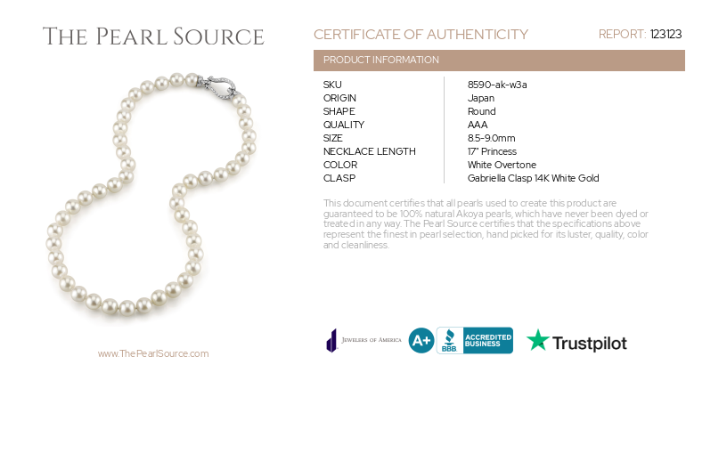 8.5-9.0mm Japanese Akoya White Pearl Necklace - AAA Quality-Certificate