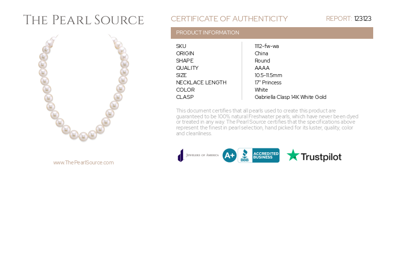 10.5-11.5mm White Freshwater Pearl Necklace - AAAA Quality-Certificate