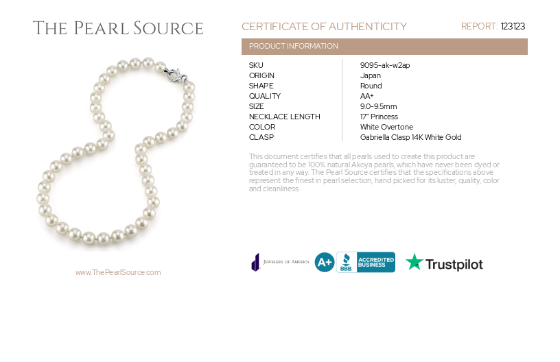 9.0-9.5mm Japanese Akoya White Pearl Necklace - AA+ Quality-Certificate